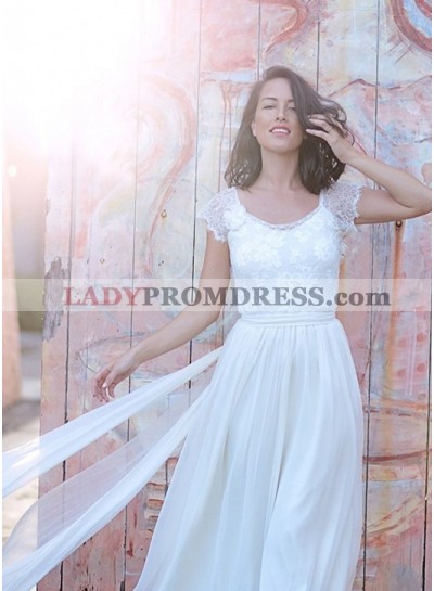 Cheap Chiffon A Line Capped Sleeves Backless Lace 2023 Wedding Dresses