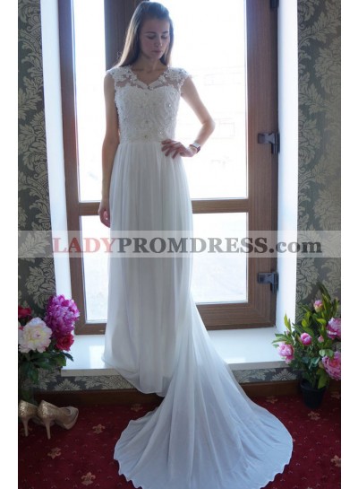 A Line Chiffon Beaded Bowknot Back Cheap Wedding Dresses