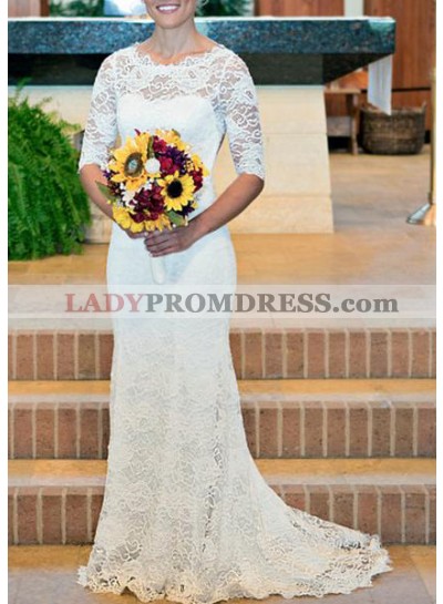Classic Sheath Backless Half Sleeves 2023 Lace Wedding Dresses