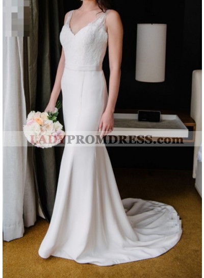 Elegant Sheath Satin V Neck Wedding Dresses With Belt