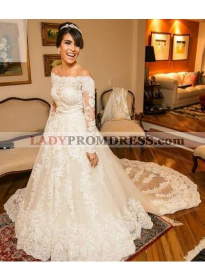 2023 A Line Long Train Lace Off The Shoulder Long Sleeves Wedding Dresses