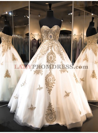 2023 New Arrival A Line Sweetheart Tulle With Gold Embroidery Wedding Dresses
