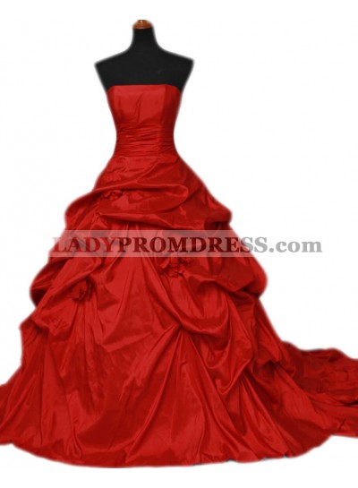 Red Strapless Taffeta Ruffles Ball Gown 2023 Wedding Dresses