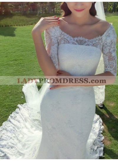 2023 Elegant Scoop Lace Sweep Train Half Sleeves Wedding Dresses