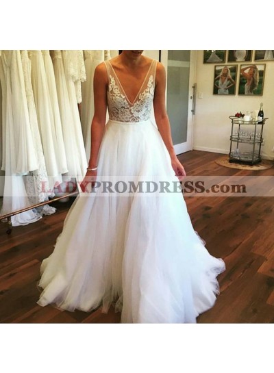 2023 Gorgeous A Line V Neck Backless Lace Tulle White Wedding Dresses