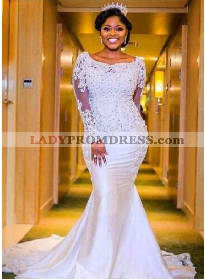 Charming Mermaid Long Sleeves Satin Scoop Wedding Dresses 2023