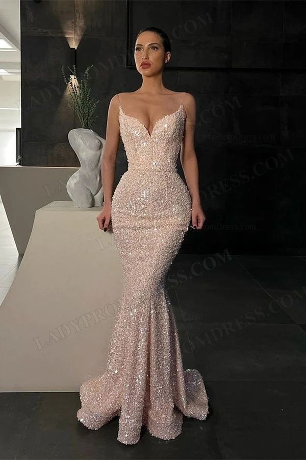 2024 Sheath Sequins Sweetheart Sleeveless Sweep Train Prom Dresses