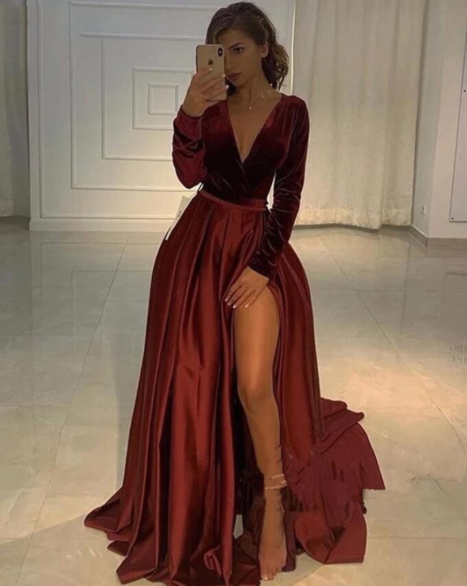 Long Sleeves A Line Satin V Neck Side Slit Burgundy 2024 Prom Dresses