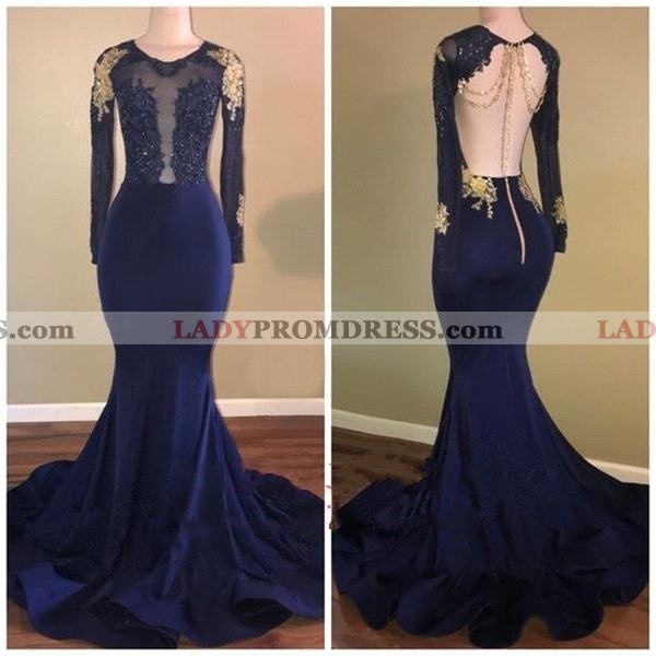 2022 Long Sleeves Backless Prom Dresses