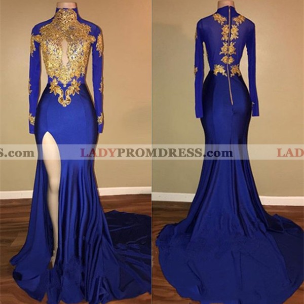 Charming African Royal Blue Side Slit Sheath Long Sleeves Prom Dresses ...