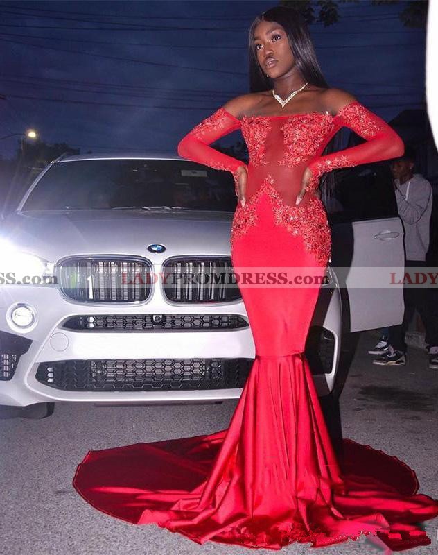 red long sleeve mermaid prom dress