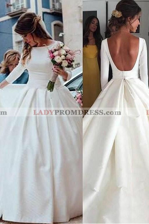 Classic A Line Long Sleeves Backless Satin Long Wedding Dresses 2020