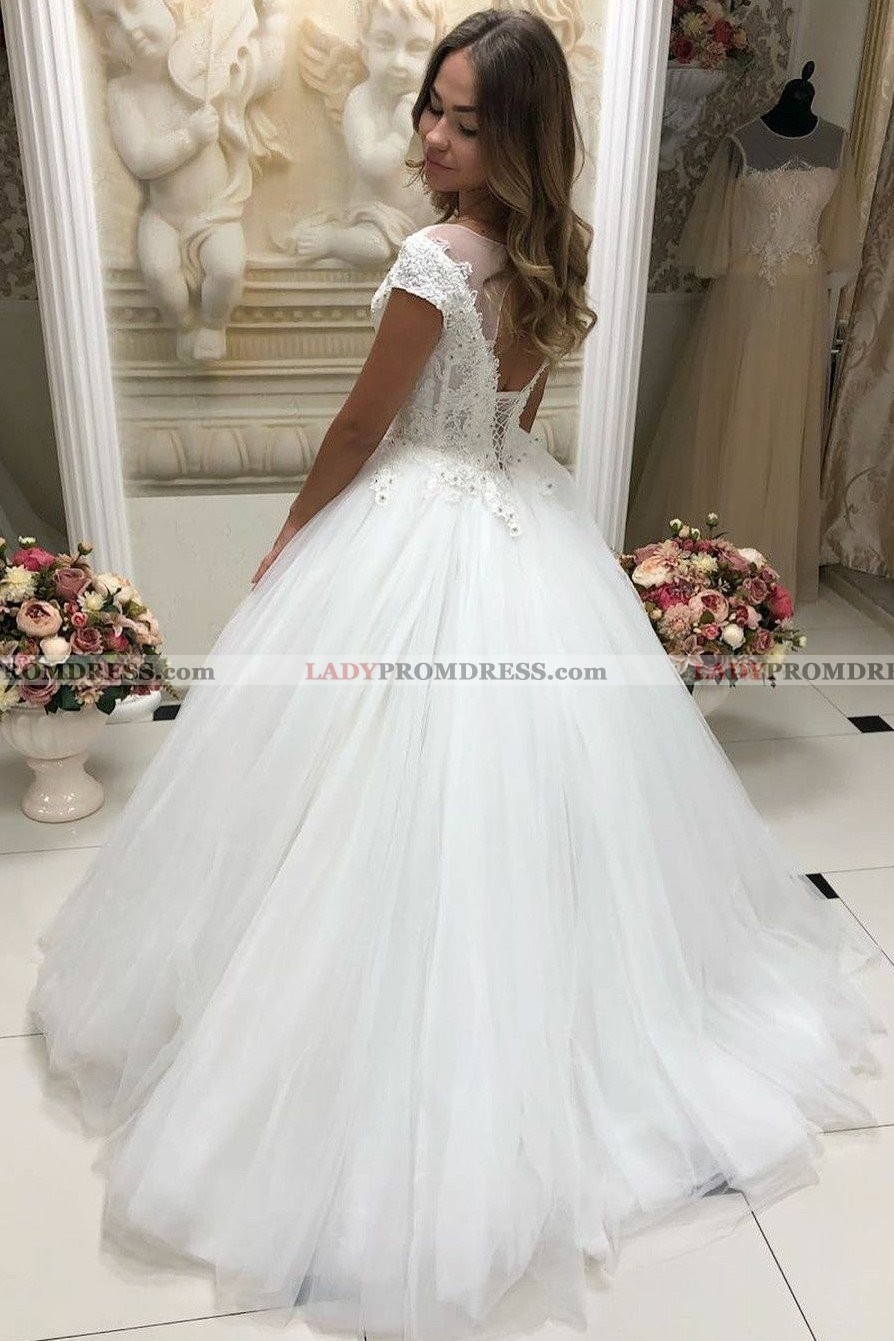 2023 New Designer A Line Tulle Sweetheart Capped Sleeves Lace Wedding ...