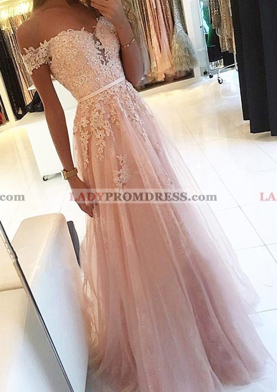 pink off shoulder prom dress