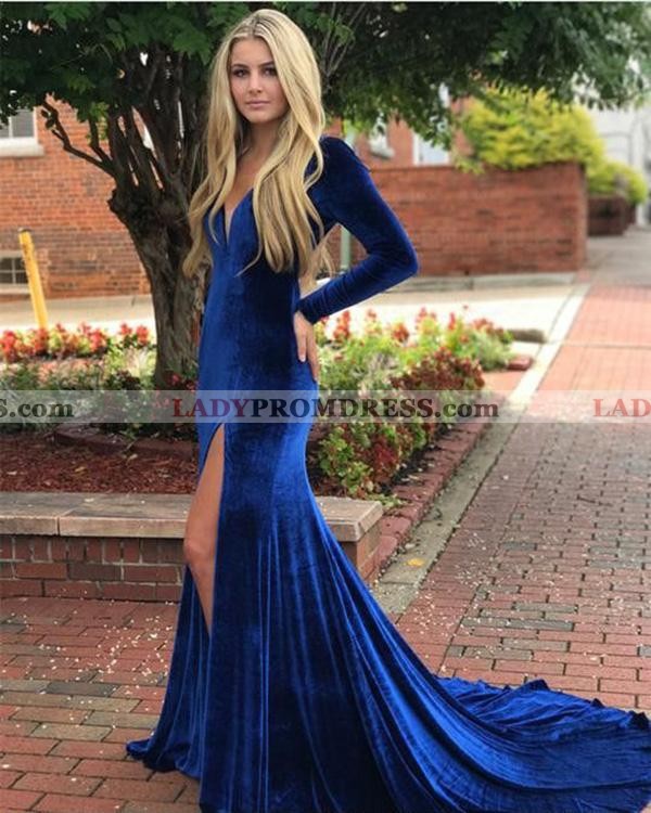 2020 Royal-Blue Velvet V Neck Long Sleeve Split-Front Backless Mermaid