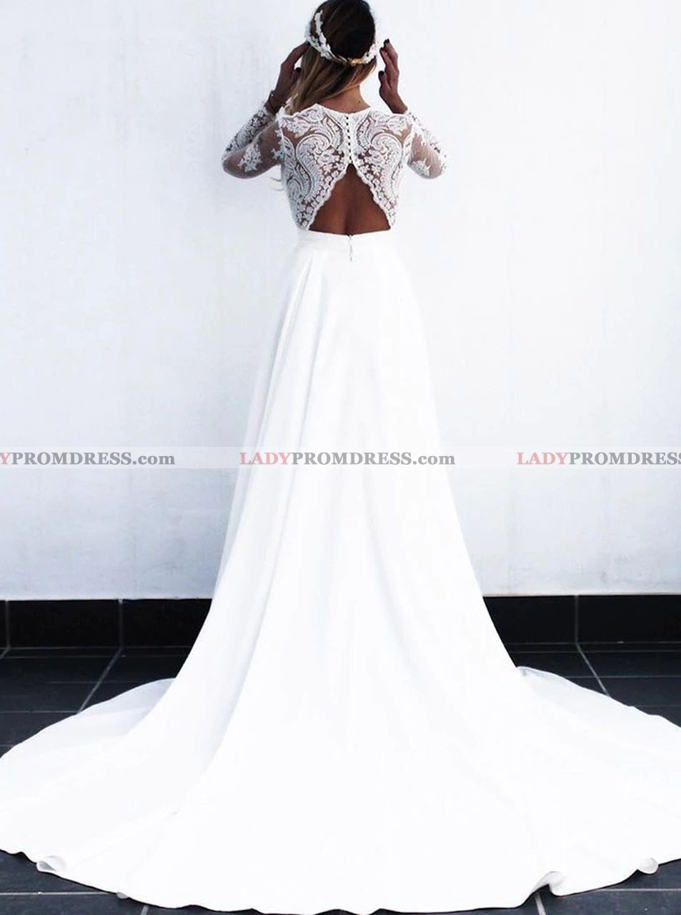 Cheap A Line/Princess Satin Deep V Neck Long Sleeves Lace Wedding ...