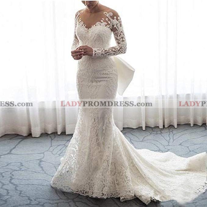 2023 Charming Sheath Long Sleeves Lace Bowknot Long Wedding Dresses ...