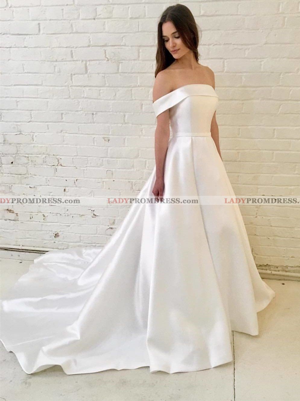 satin off shoulder wedding dress