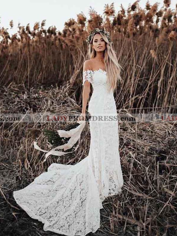 Off Shoulder Lace Long Train Sweetheart Out Door 2021 Beach Wedding Dresses