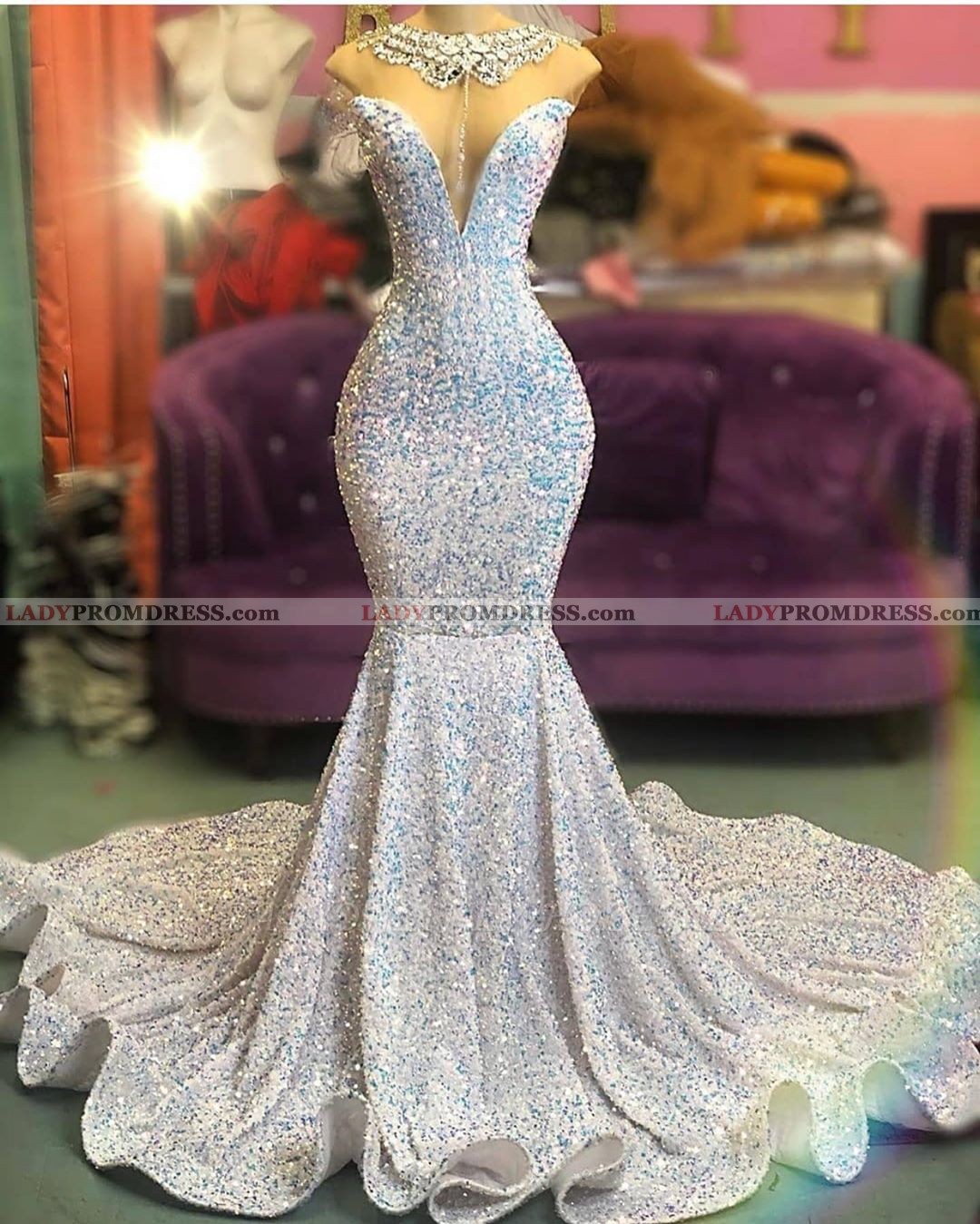 2023 Mermaid Sweetheart Sequins Rolled Train Long Prom Dresses