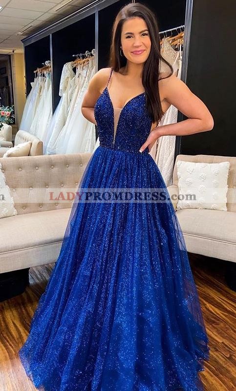 A Line Royal Blue Sweetheart Open Back Spaghetti Straps Long Prom Dresses