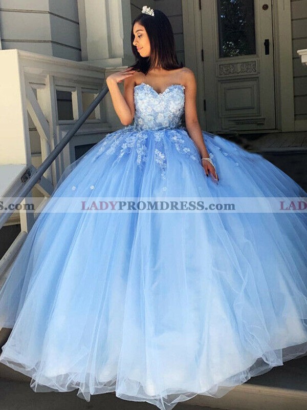Blue Sweetheart Lace Patterns Tulle Ball Gown Prom Dresses 2022