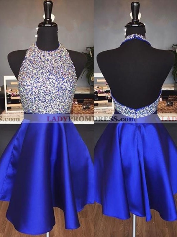 2021 Halter Satin Backless Short Prom Dresses / Homecoming Dress