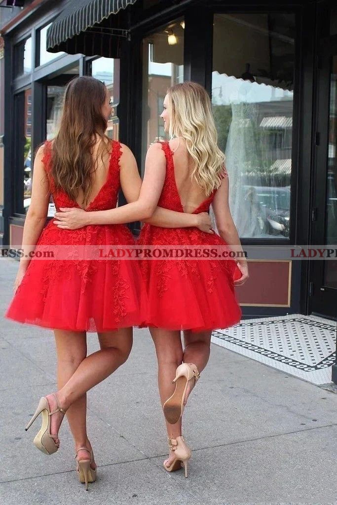 2023 Red Ball Gown Vneck Backless Short Tulle Appliques Belt