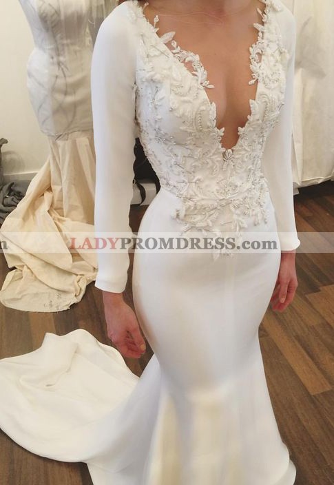 Sexy Mermaid Satin Split Front V Neck With Appliques 2023 Long Sleeves ...