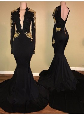 2022 Charming Long Sleeve Black V-neck Prom Dresses