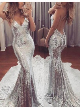 2022 Sexy Silver Sequence Mermaid/Trumpet Backless Prom Dresses