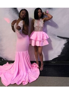 Pink Long Mermaid Elastic Satin V Neck Prom Dresses With Appliques