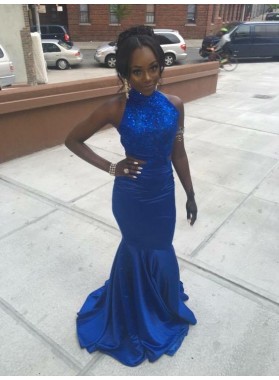 Charming Sheath Royal Blue Satin Backless Slim Fitted Prom Dresses Appliques