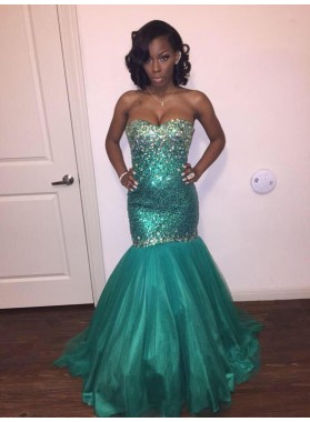 Sexy Green Mermaid Sequence Tulle Strapless Prom Dresses