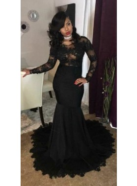 Sexy Black Sheath Long Sleeves Lace Round Neck Lace See Through Prom Dresses