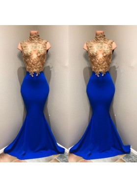 Charming Royal Blue Mermaid See Through Gold Appliques African Long Prom Dresses