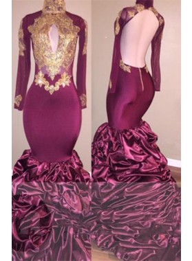 Sexy Mermaid African Burgundy With Gold Appliques Ruffles Long Sleeves Backless Prom Dresses