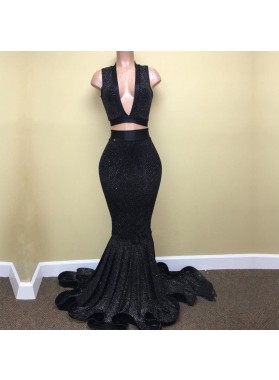 Sexy Mermaid Black V Neck Two Pieces Sequence Long Prom Dresses