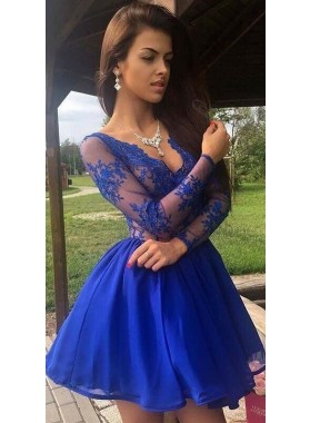 Knee Length Royal Blue V Neck Long Sleeves Organza See Through Short Prom Dresses