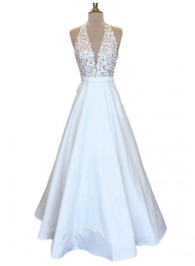 Cheap A Line V Neck White Satin Prom Dresses With Appliques