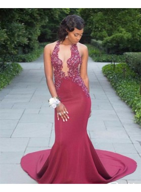 Mermaid Burgundy Open Front Satin African Long Prom Dresses