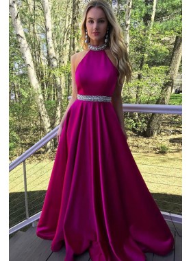 New Arrival A Line Satin Halter Beaded Backless Hot Pink Long Prom Dresses