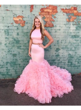 Sexy Mermaid Pink Two Pieces Elastic Satin Ruffles Pleated Long Prom Dresses 2022