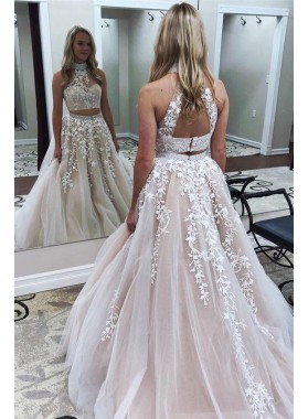 New Arrival A Line Pearl Pink Tulle High Neck Two Pieces Prom Dresses