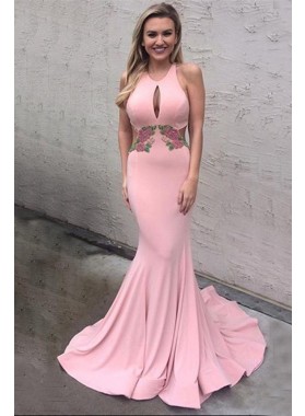 Sexy Mermaid Blushing Pink Backless Criss Cross Key Hole Long Prom Dresses With Embroidery