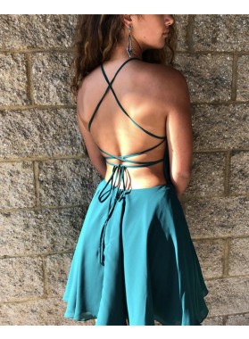 Cute Knee Length Halter A Line Chiffon Lace Up Back Short Prom Dresses With Appliques