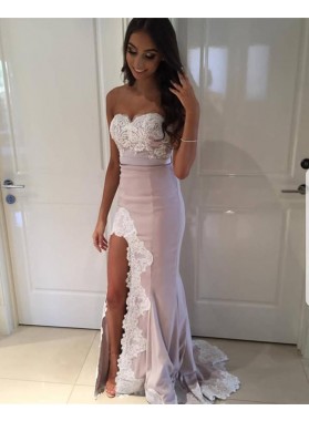 Sheath Side Slit Sweetheart Long Prom Dresses With White Appliques 