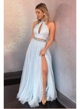 2022 New Arrival A Line Tulle Floor Length Two Pieces High Neck Light Sky Blue Prom Dresses