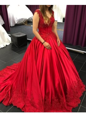 2022 New Arrival Red Satin Long Train Sweetheart Capped Sleeves Ball Gown Prom Dresses