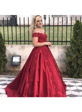 Newly Red Satin Off Shoulder Sweetheart Long Ball Gown Prom Dresses 2022